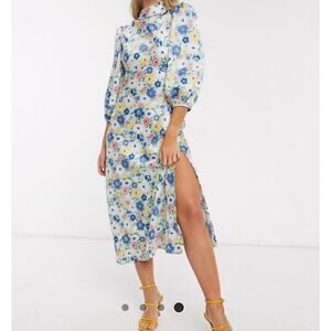 ASOS Maxi Tea Dress Satin Puff Sleeve Cowl Neck Floral Dopamine Cottage Size 12